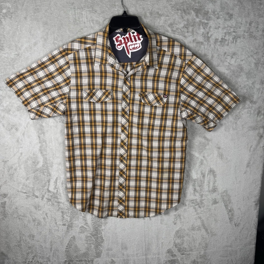 Split Men's Size L Brown Plaid Shirt‎ Button-up Snaps Pockets Short Sleeves